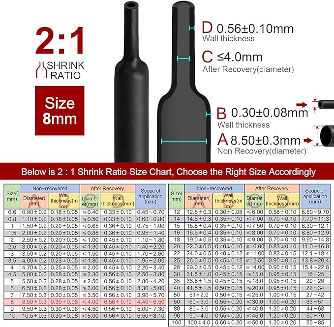Chanzon 2:1 Ratio 5/16" (8mm) Heat Shrink Tubing 8Ft Roll (2.5M Total Length) Black Polyolefin Sleeving Wrap Shrinking 2 to 1 1pcs