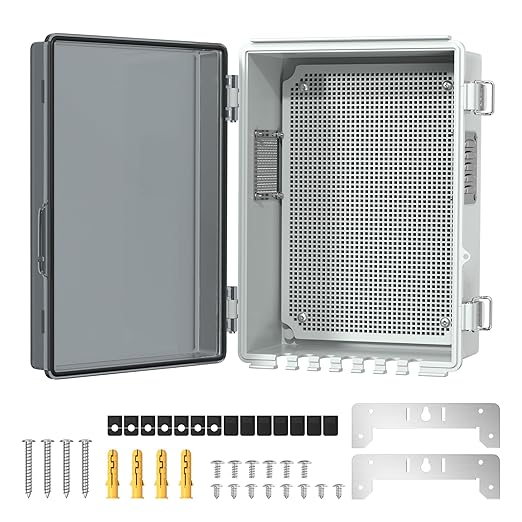 Joinfworld Vented Outdoor Enclosure Box, WiFi Enclosure Waterproof Electrical Box 11.8x6.7x5.6 Plastic Clear with Mounting Panel Stainless Steel Dust Screen