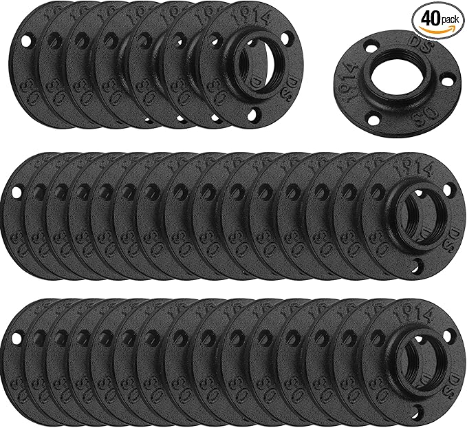 1" Antirust Black Floor Flange, 40 Pack Malleable iron Pipe Fittings for Industrial vintage style, Flanges with Threaded Hole for DIY Project/Furniture/Shelving Decoration (40, 1")
