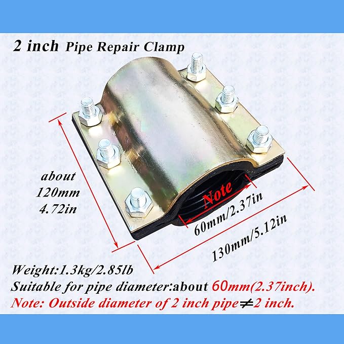 Water Pipe Repair Clamp,OD of The Applied Pipe is about 2.37 inch,Leak Sealer for Pipes and Plumbing,Length 4.72 inch,Suitable for PE/PPR/Steel/Iron Pipe,Bronze