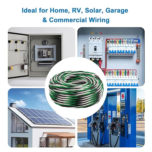 12 AWG THHN Wire 250FT 3-Color Set (Black/White/Green) – Stranded Copper, Pre-Twisted Conductors, THHN/THWN-2 Rated, 600V, Nylon Jacket for Conduit, Residential & Commercial Wiring
