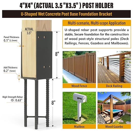 4"x4"(Actual 3.5"x3.5") Stainless Steels U-Shape Post Holder, Wet Concrete Post Anchor, Heavy-Duty Post Base Bracket for Fence, Deck Railing, Wood Gazebo, Pergola (4pack-Dark Gray)