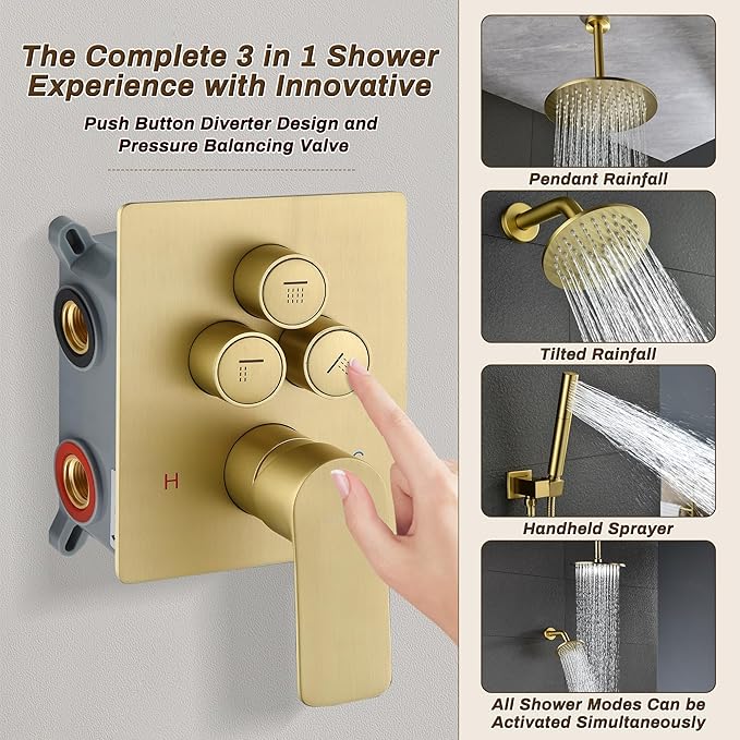 Rain Shower System, Push Button Diverter Shower Faucet Set with 2 in 1 Handheld Spray, Wall Mount Shower, Ceiling Mount Shower Head 3-Function Rainfall Shower System-Brushed Gold
