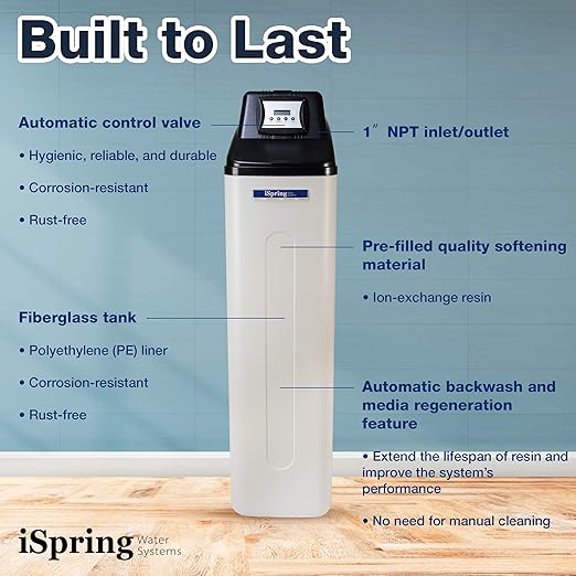iSpring WCS45KG Whole House Water Softener System, 45,000 Grain High Capacity with Backwash Feature, SGS-Tested, for Homes & Businesses