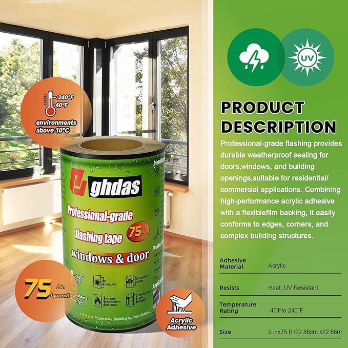 Flashing Tape, 9" x 75', Industrial Strength for Windows, Doors, Weather-Resistant, UV-Resistant, Tear-Resistant, Advanced Acrylic Adhesive, Black