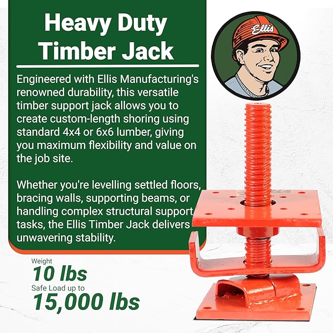 Ellis Manufacturing Timber Jack – Adjustable Post for House Leveling, Basement Support, Joist Lift, Crawl Space Shoring, Screw Support Beam, 5" Range, 15,000 lbs Capacity