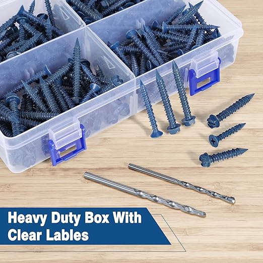 Concrete Screws Assortment Kit with Drill Bit, 216Pcs Concrete Screws 1/4”and3/16 Flat&Hex Head Masonry Block Brick Cement Screws and Anchors.Concrete Screws No Pre Drilling,Diamond Point,Blue Coated