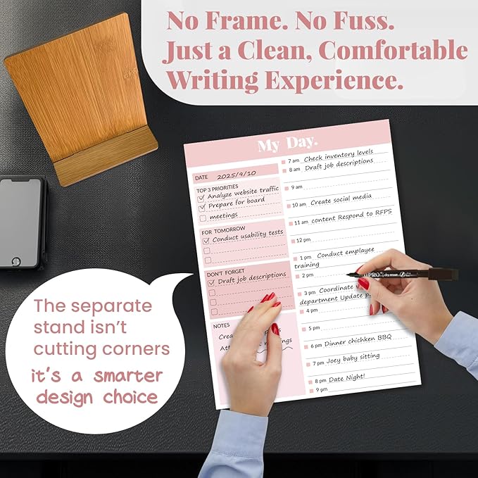 JJPRO Reusable Desktop Daily Planner with Stand,Hourly Dry Erase Board,11"x8.5"Schedule Board,Dry Erase Time Schedule with Time Slots, Desk Hourly Dry Erase Board w/Engineered Wood Stand-Pink