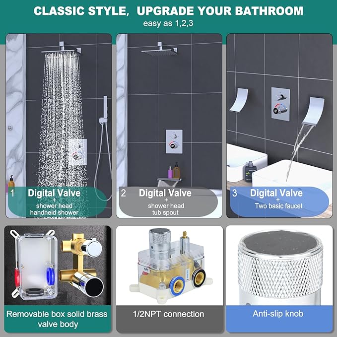 Shower Mixing Valve with Trim Kit, 3 Way Shower Diverter Digital Brass Valve Body Temperature Display Mixer for Shower Faucets, Chrome