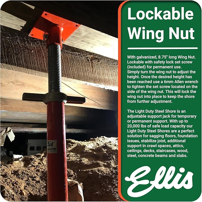 Ellis Manufacturing Light-Duty Steel Lifting Shore and Jack Post – House Jack for Foundation, Floor Leveling, and Concrete Bracing – 5,000 lb Safe Load Capacity – 85"-109" Adjustment