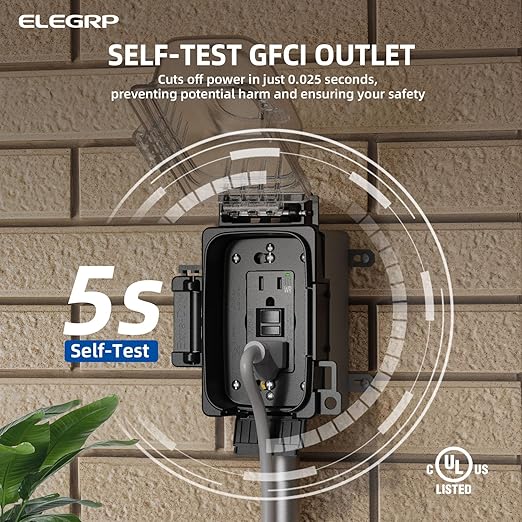 ELEGRP Outdoor GFCI Outlet with in Use Cover and Box Kit, 1 Gang, 15 Amp TRWR Self-Test GFI Receptacle, Extra Duty Metallic Electrical Outlet Box, Lockable in Use Cover, UL Listed, Black, 1 Pack