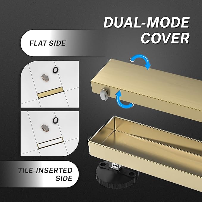 Linear Shower Drain. 12 Inch Shower Trench Drain with 2-in-1 Flat Cover & Inser Cover,304 Stainless Rectangle Steel Shower Floor Drain with Hair Strainer and Leveling Feet (Gold, 12 in)