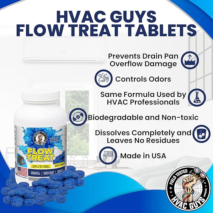 HVAC GUYS – Flow Treat Tabs - 200 Tablets | AC Drain Line Cleaner | Prevents Odors, Keeps HVAC Drain Pan Clean, Prevents Overflow | One Tablet Lasts up to 4 Weeks