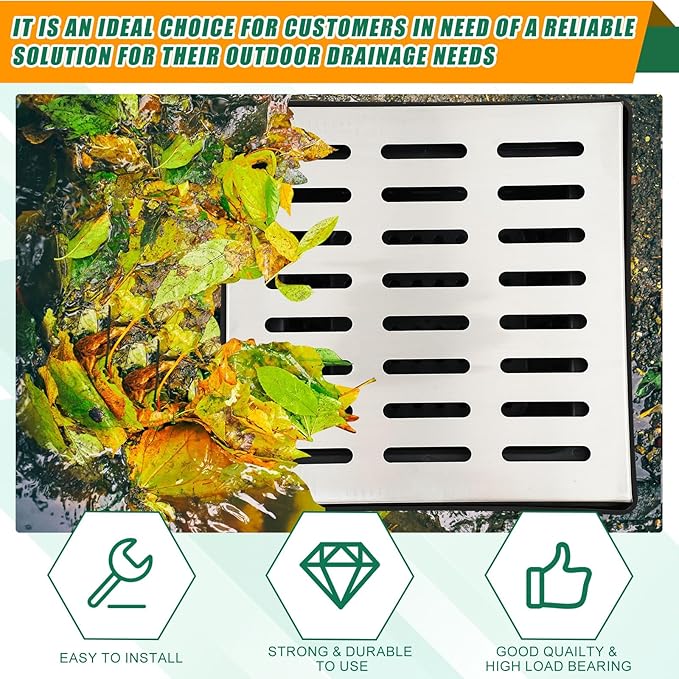 Catch Basin with 304 Stainless Steel Grate 18 x 18 x 15 Inch Square Large Catch Basin for Drainage with Debris Basket French Drain Without Reserved Hole for Yard, Downspout, Municipal Pipeline