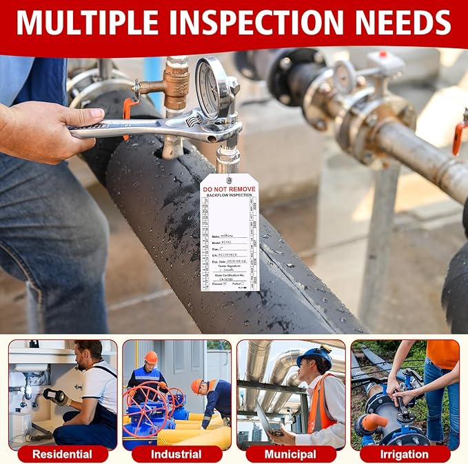 100 PCS Waterproof Backflow Inspection Tags 2.6 x 5.2 Inch Heavy Duty 18 Mil Writable Plastic Tags with Iron Wire & Pen Double-Sided Printing Pre-Punched Holes Maintenance Record for Backflow (White)