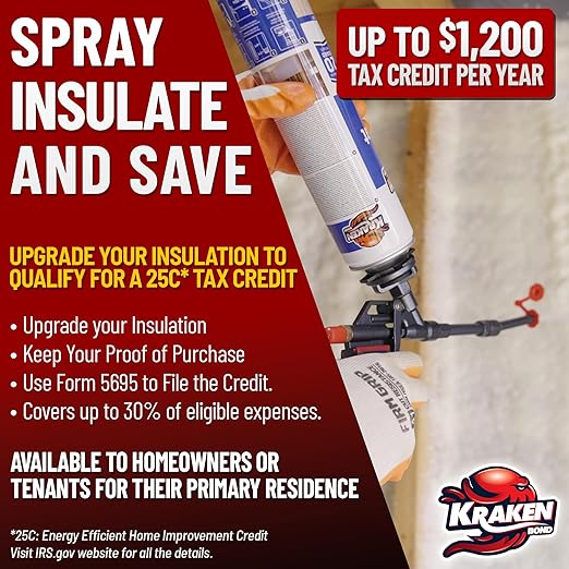 Kraken Bond Fastcoat Fire Rated Spray Foam Insulation (24x27.1 oz.) (R-Value 11.32 / 2in) Closed Cell Expanding Foam - Heat and Acoustic Insulation, Gun & Cleaner Included, 480 Board Ft, 24 Pack