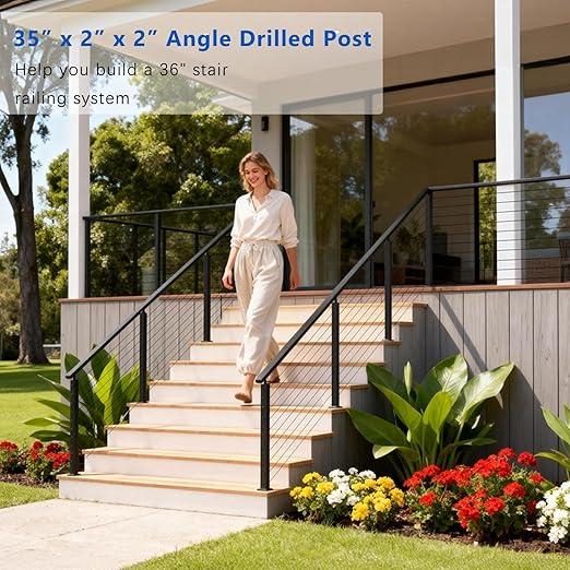 Upgraded 36 Inch Swageless Stair Cable Railing Post(35"x2"x2") Fit 28-38 Degree Stairway, T304 Stainless Steel Wire Metal Post with Cable Grommets, Outdoor Finish for Stair Railing Outdoor