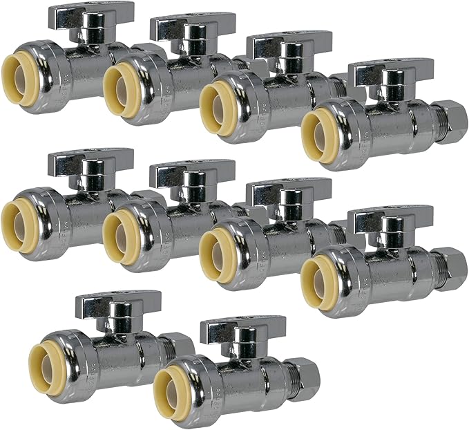 [10-Pack] PROCURU PushFit Straight Stop Valve 1/2" Push x 3/8" OD Comp, Quarter-Turn, Faucet/Toilet Shut Off Valve (8X8022-10P)