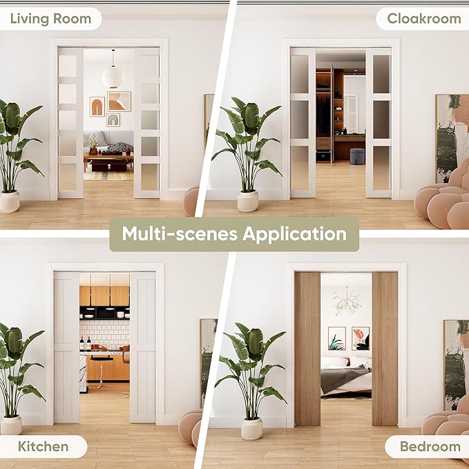 12FT Double Pocket Door Track Kit, 2 Sets of 68.7" Spliced Rail, Suitable for Double Door Width 48"-72"(Single Panel 24"-36"), Slide Quietly and Smoothly, Easy to Install