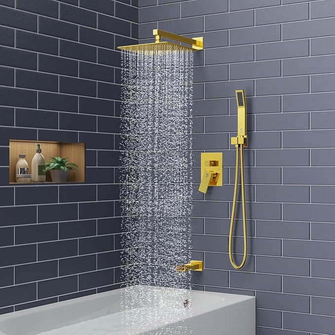 SR SUN RISE 12 Inches All Metal Square Shower System with Tub Spout, Tub Shower Faucet Set, High Pressure Rain Shower Head and Handheld Sprayer Combo Shower Fixtues, Valve Included, Brushed Gold