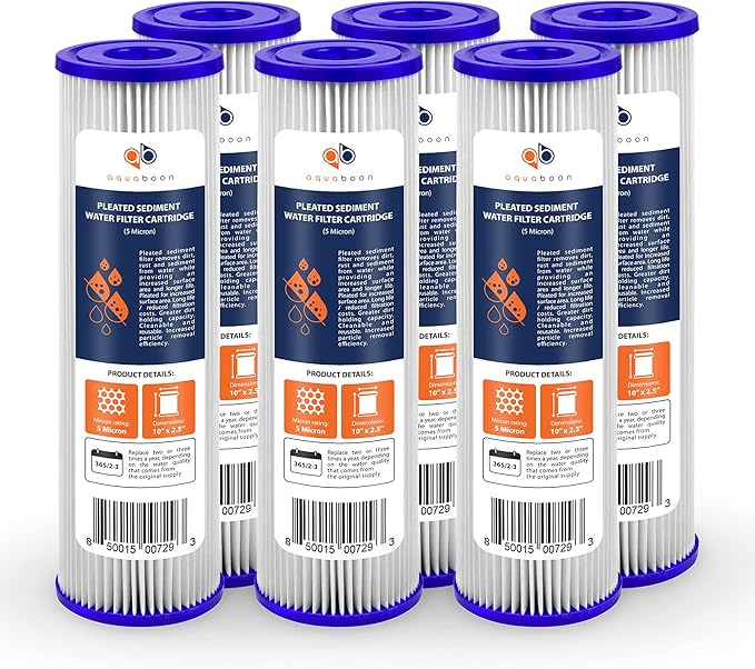Aquaboon 5 Micron 10x2.5 Whole House Pleated Sediment Filter Cartridge for Well Water Filter Replacement Compatible with WFPFC3002, WHKF-WHPL, 6-Pack
