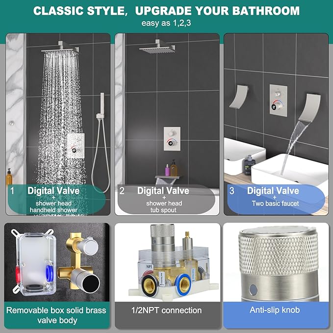 2 Way Shower Diverter Mixing Valve with Trim Kit, Digital Shower Brass Valve Body Temperature Display Mixer for Shower Faucets, Brushed Nickel