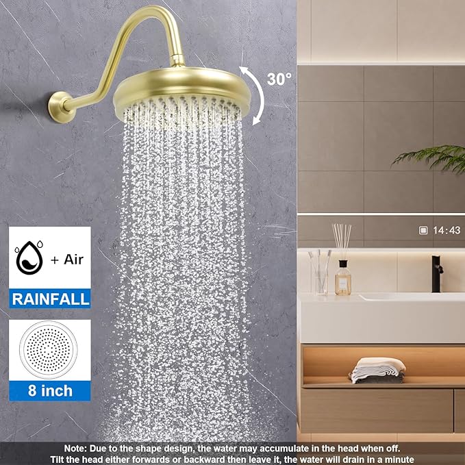 Enga Antique Shower Faucet Sets 8 inch Rainfall Head with Body Jets Handheld Spray Fixtures Combo, Brass 3 Way Diverter Rough in Valve Trim Kit, Brushed Gold