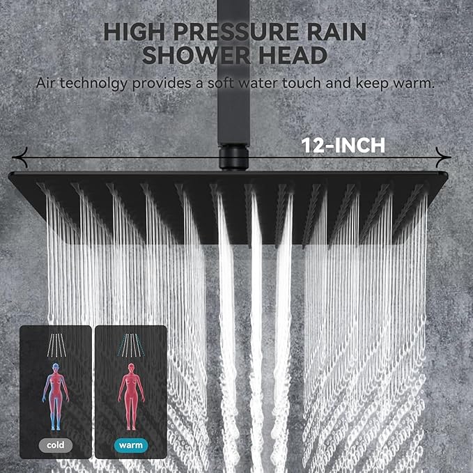Rain Shower System With Complete 4 Pcs Body Sprays Jets And Pressured Balance Rough-in Valve,12Inch Rainfall Shower Head And Handheld, Modern Matte Black Ceiling Mount Shower Faucets Sets