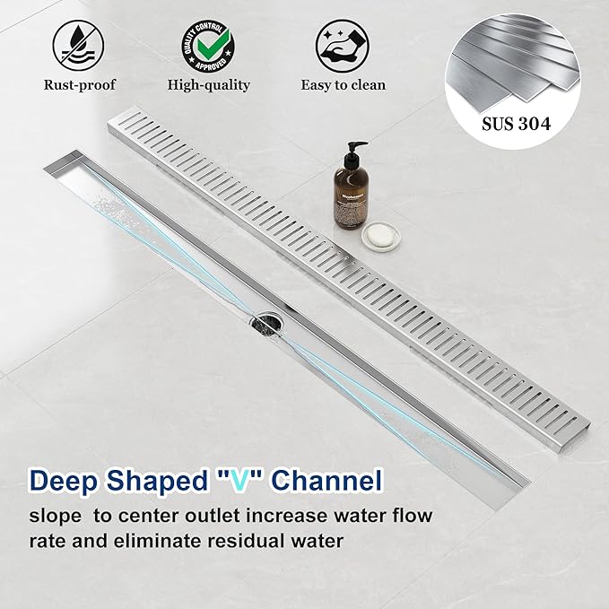 Neodrain 32" Brushed Linear Shower Drain Shower Linear Drain, Removable Capsule Pattern Grate, Bathroom 304 Stainless Steel Rectangle Shower Floor Drains- CUPC Certified