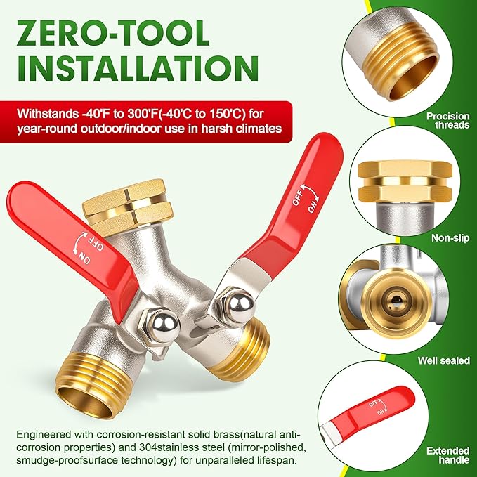 Hose Splitter 2 Way, High Flow Garden Hose Splitter, 3/4” Ght Inlet Brass Heavy Duty Hose Converter, water 2 Way Faucet hose splitter, Long Handle Hose Valve Large Outlet.