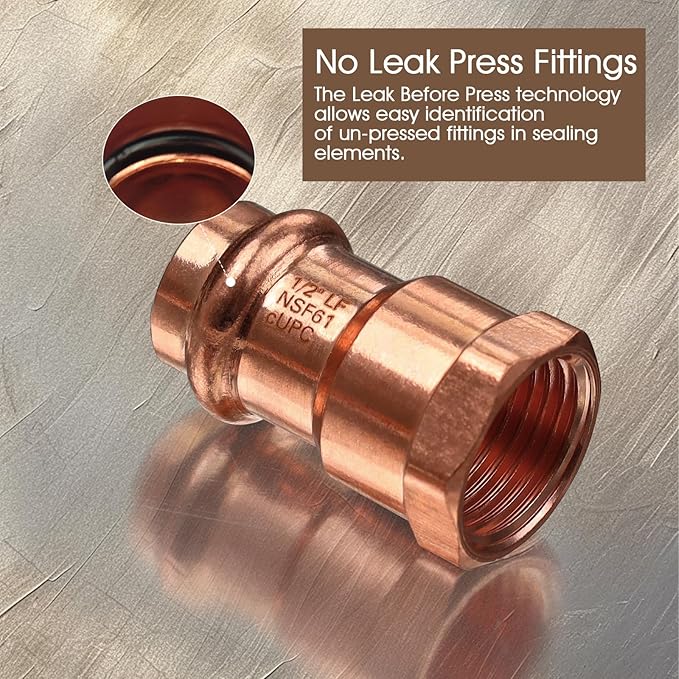 Copper Press Fittings,12PCS 1/2" Press x 1/2” Female NPT Copper Press Female Adapter,1/2” Female NPTxPress LF Coppers Press Adapter Pressure Coppers Fitting Female x Press Connection for Plumbing