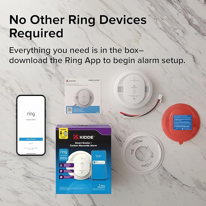 Kidde Smart Smoke and Carbon Monoxide Detector, Ring App Enabled for Real-Time Notifications, Hardwired Alarm, AA Backup Battery