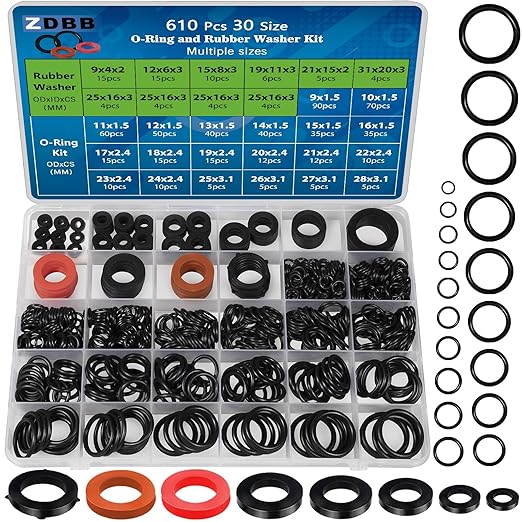 7 Size Water Hose Gasket and 20 Size O Ring Rubber Washer Assortment Kit 610 Pcs Nitrile Washers Set for Plumbing Faucet Pipe Hose Shower Head Pressure Washer Sealing Repair OD 9-31MM