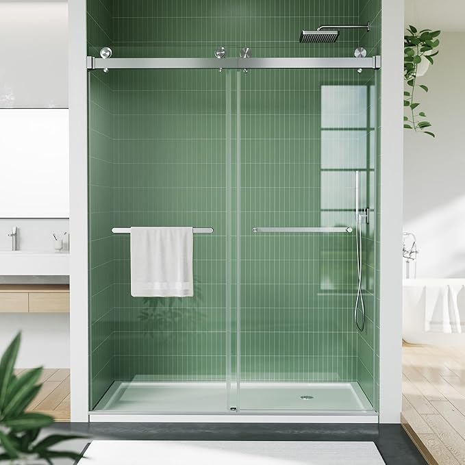 Frameless Double Sliding Shower Door - 56 to 60 Inch Adjustable Width x 74 Inch Height, 1/4" (6mm) Clear Tempered Glass with Easy-Clean, Space-Saving Bypass Design, Brushed Nickel Finish for Bathroom