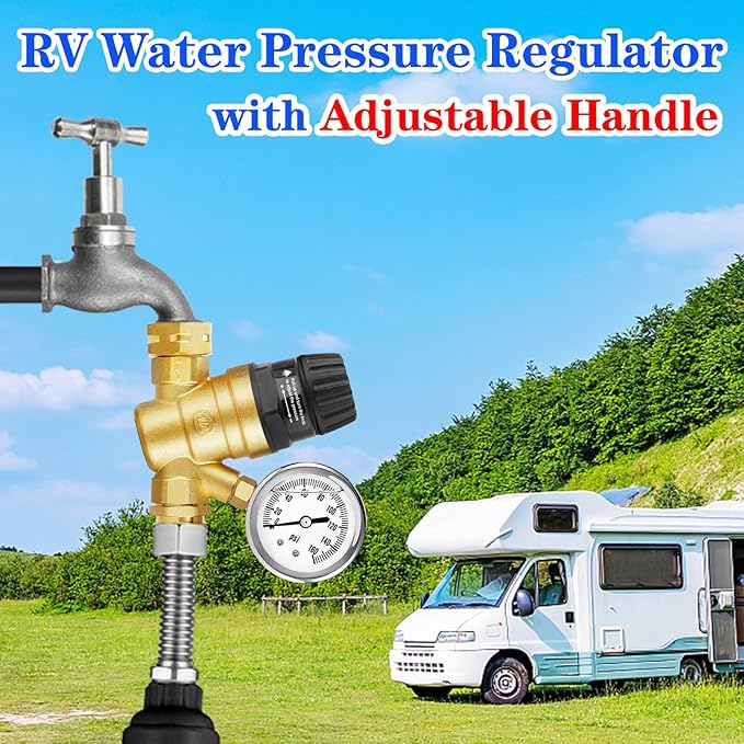 RV Water Pressure Regulator with Adjustable Handle,Upgrade Water Pressure Reducer, RV Water Regulator Valve with 2 Inlet Screened Filters, for RV Camper, Travel Trailer (Style 1-Handle Adjustable)…