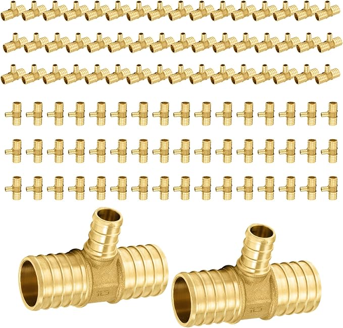 100-Pack PEX Fittings Niikappu 1"x1"x1/2" Pex Tee, Brass Crimp Pipe Fittings for PEX Pipes, ASTM F1807