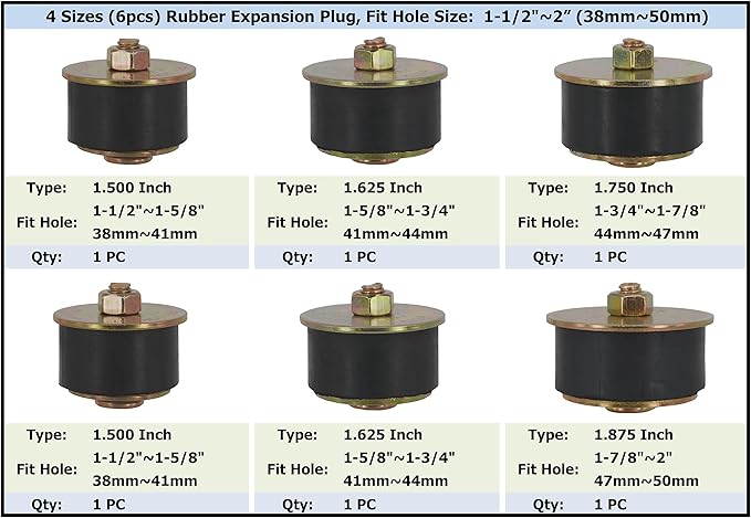 4 Sizes (6pcs) Rubber Expansion Plug, Automotive Rubber Freeze Plug Fit Hole Size: 1-1/2"~2” (38mm~50mm)