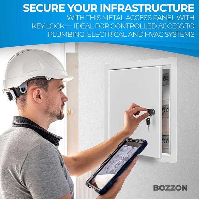 BOZZON Access Panel for Drywall 10 x 10 inch – Metal Door with Key Lock, 18 GA Steel Frame, Wall Hole Cover, Plumbing Access Door, White