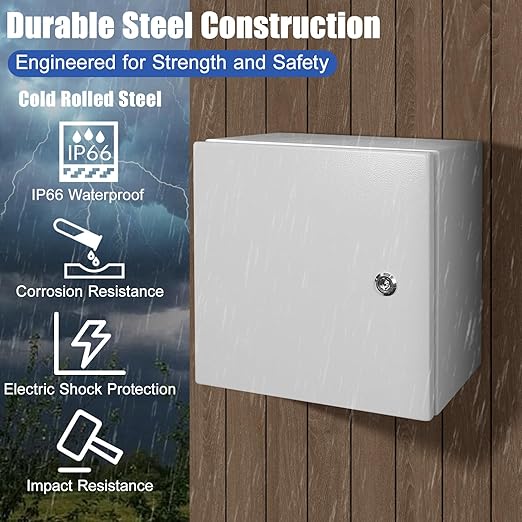 LeMotech Electrical Box 12 x 12 x 8 inch Junction Box, IP66 Waterproof Dustproof Steel Enclosure Wall-Mounted for Outdoor/Indoor Lockable with Equipment Mounting Plate