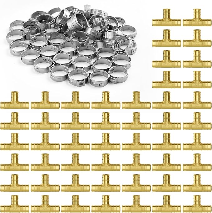 VEVOR Pipe Fittings, 1/2" 50PCS Brass Pipe Fittings, Clamp-style Tee Pipe Connector Brass Air Fittings, Heavy Duty Plumbing Fittings Tube Adapter for Heating/Shower Systems,Outdoor Water Pipes