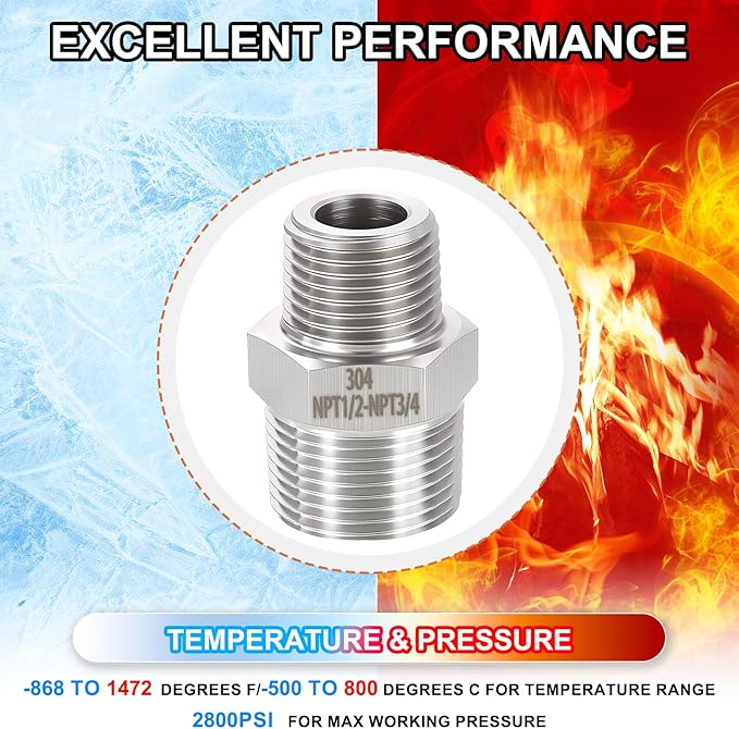 2 Pack 304 Stainless Steel Male to Male Adapter, 3/4" Male NPT x 1/2" Male NPT Hex Nipple Pipe Extension Fitting for Industrial, Automotive, Fluid Transfer, Home Gardening, Water