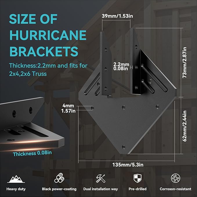 20 pcs Hurricane Ties for Rafters,Heavy Duty Black Hurricane Straps,13-Gauge Rafter Tie Brackets Connectors,Hurricane Clips for Roofing Trusses Wood Timber,Seismic Joist Hangers,Roof Brackets