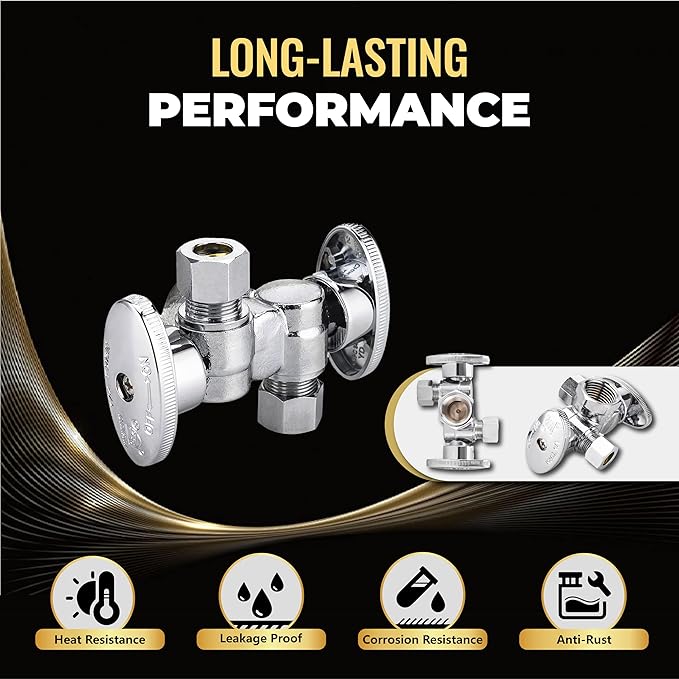 10-Pack Foskan Dual Turn Angle Stop Valve with 2 Shut Off Valve/Handles, 1/2" FIP x 3/8" OD x 3/8" OD,Chrome Plated Brass