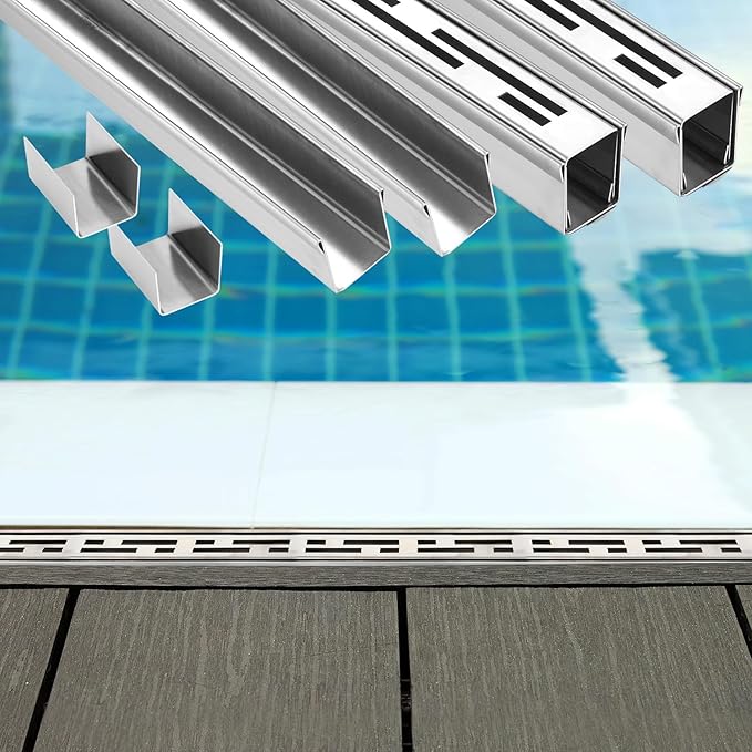2 Pcs Pool Deck Drain 1.25-inch W x 4-feet L, Silver Outdoor Deck Drainage System 304 Stainless Steel with Coupling, Channel Drain for Integrated Grate/Concrete/Paver/Patios/Walkways