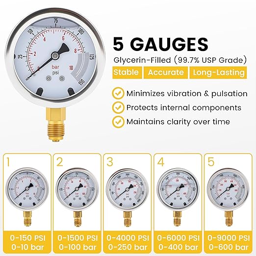 Hydraulic Pressure Test Kit, 5 Gauges, 16 Couplings incl. 3 Extra NPT (3/8", 1/2", 3/4"), 14 Tee Connectors, 5 Hoses, for Excavators, Loaders, Tractors, Forklifts, Construction & Mining