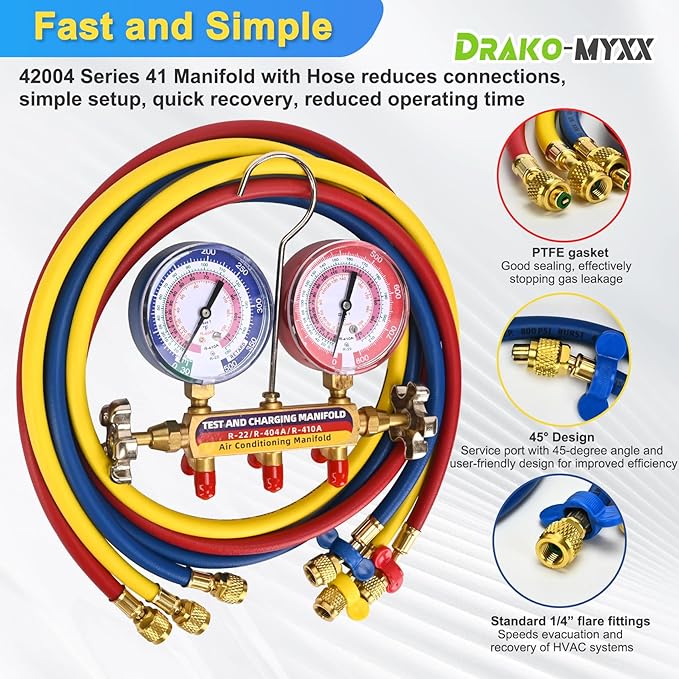 2026 Upgrade 42004 Test and Charge Manifold with 3-1/8" (80 mm) Gauge, for R-22/ 404A/ 410A, 1/4" to 1/4" Standard Flare Fittings with 60" HVAC Hoses, Gauge with Colored Label, Hvac Gauges with Hoses