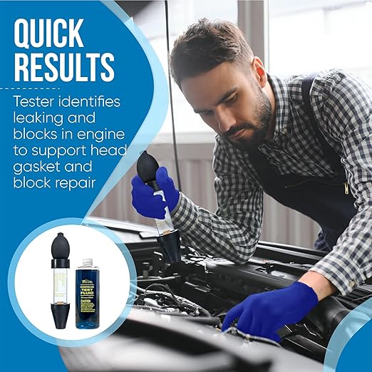 Combustion Leak Detector Kit - 100+ Tests Automotive Engine Block and Head Gasket Tester, Ideal for Detecting Blown Gaskets (Tester with 18oz Fluid)