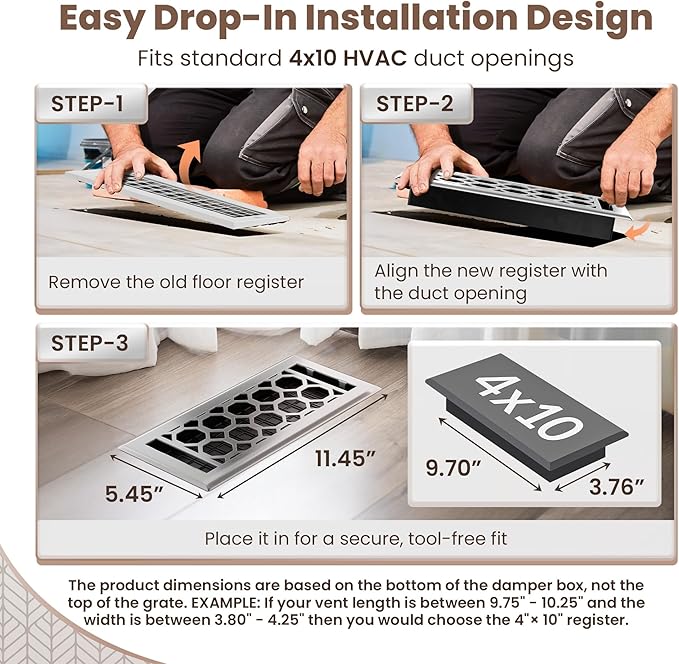 Floor Register 4x10 Vent Cover – 2 Pack – Heavy-Duty Steel, Rustproof & Walkable Grates, Drop-in Install, Adjustable Air Supply Switch - Decorative Honeycomb Design, Brushed Nickel