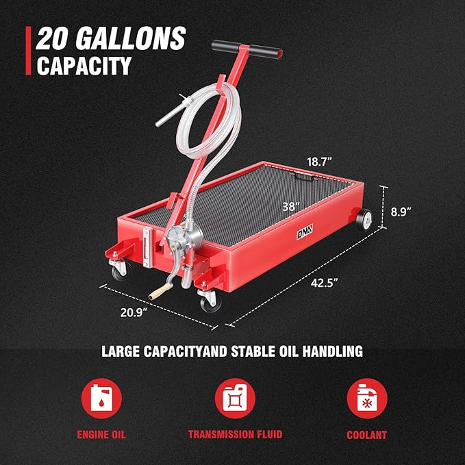 DNA Motoring 20 Gallon Oil Drain Pan with Pump, Evacuation Hose, T-Handle, Low Profile for Trucks Buses RVs, TOOLS-00386
