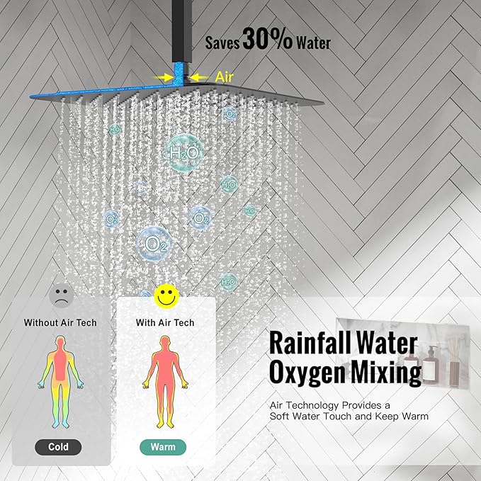 SR SUN RISE 16 Inches Matte Black Shower Set System Bathroom Luxury Rain Mixer Shower Combo Set Ceiling Mounted Rainfall Shower Head Faucet (Contain Shower Faucet Rough-In Valve Body and Trim)